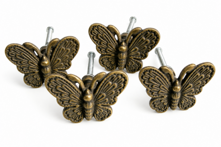 4 BUTTERFLY Shape Pulls Handles Antique Solid Brass Vintage Old Replacement Drawer Heavy Knobs