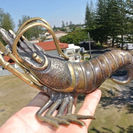 PRAWN statue decor solid brass hollow 8 " long heavy aged old look 21 cm bronze green oxidized patina hand made cast