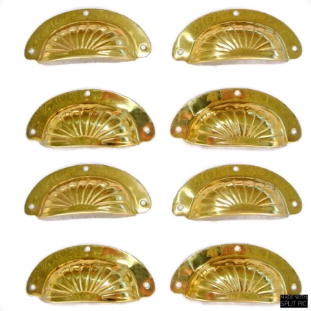 4 POLISHED shell shape pulls handles antique solid brass vintage old replace drawer pressed brass light weight solid brass