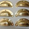 6 medium shell shape pulls handles POLISHED solid brass vintage old replace drawer heavy plain 82 mm