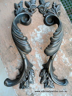2 dark large aged brass heavy pulls handles DOOR antique solid brass vintage french style 11" old replace
