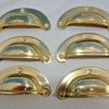 6 medium shell shape pulls handles POLISHED solid brass vintage old replace drawer heavy plain 82 mm