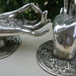 2 large BUDDHA Pull handles hand silver plated hollow brass door old style 10 cm back plate knob gate bronze colour fingers hook