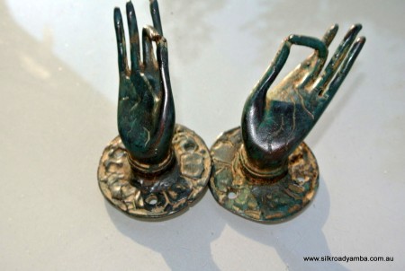 2 tiny aged GREEN finger Pull handle brass door antique old style HAND knob hook