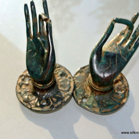 2 tiny aged GREEN finger Pull handle brass door antique old style HAND knob hook