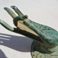 tiny aged GREEN finger Pull handle brass door antique old style HAND knob hook