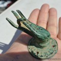 tiny aged GREEN finger Pull handle brass door antique old style HAND knob hook