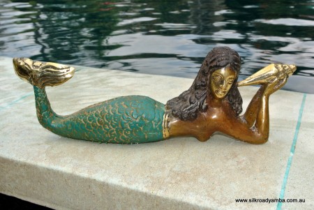 MERMAID heavy solid Brass GREEN statue 9" shell