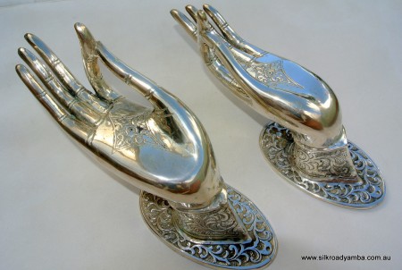 2 exquisite large Buddha Pull handle Fingers SILVER /brass door antique old style HAND knob Pull Hook