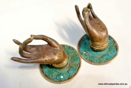 2 small Buddha Pulls handle Fingers green brass door antique old style HAND knobs 2.1/4"