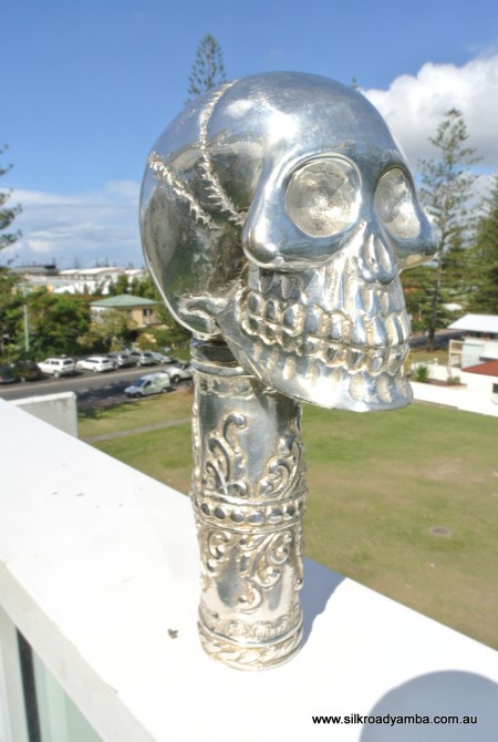 BRASS SILVER WALKING STICK end large brass SKULL head only hand made engraved design