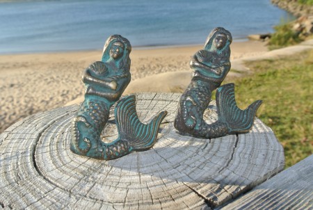 2 small MERMAID heavy KNOB aged old solid Brass PULL knobs kitchen 2.1/2"