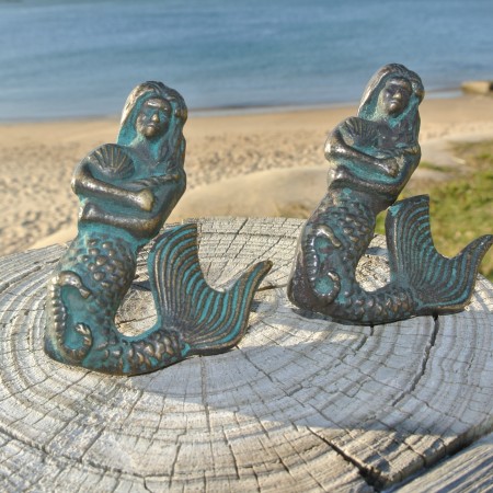 2 small MERMAID heavy KNOB aged old solid Brass PULL knobs kitchen 2.1/2"