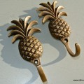 2 PINEAPPLE COAT HOOKS small solid brass antiques vintage old style 120mm hook