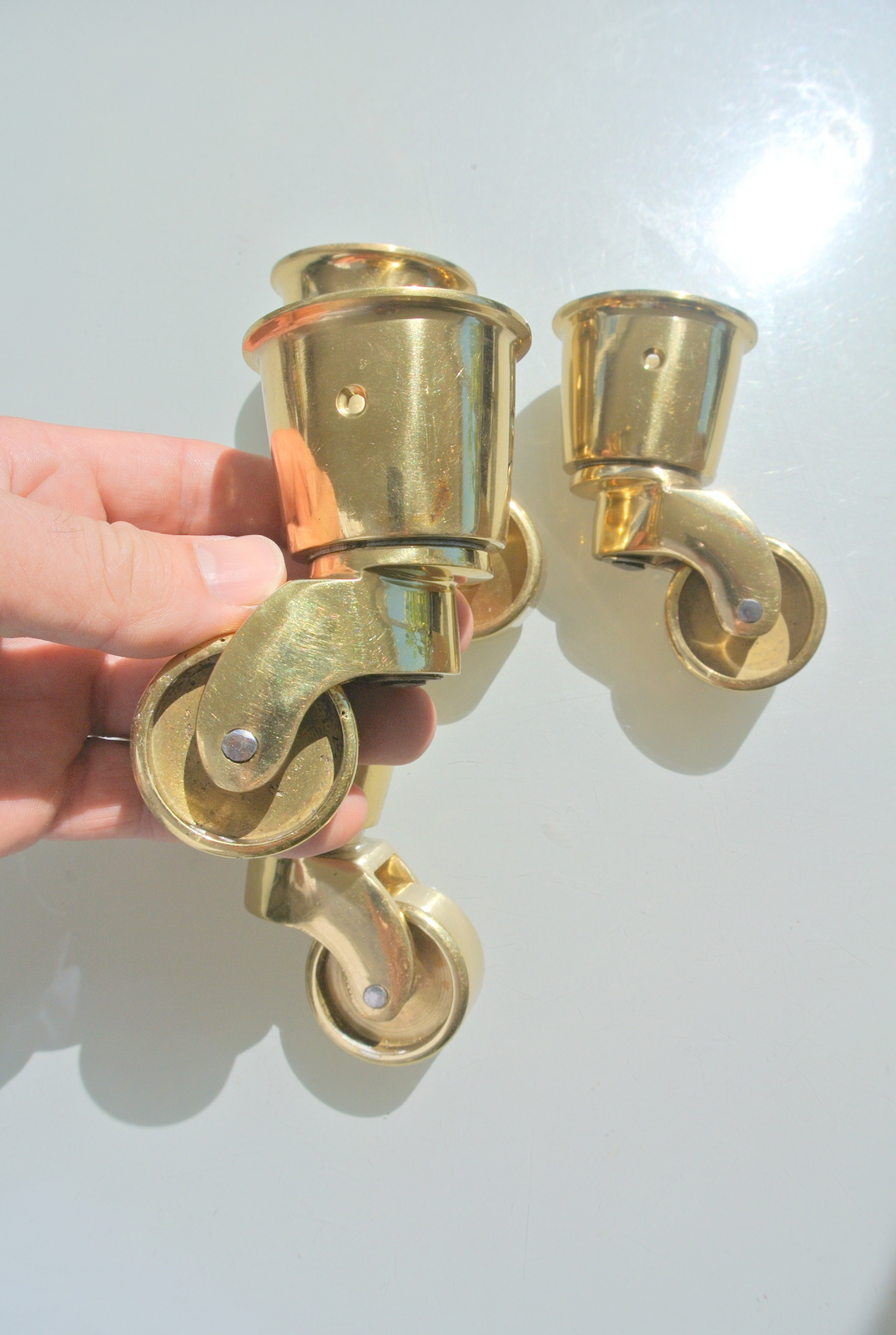 4 large CUP solid Brass foot castors wheel chairs table old style castor 3.1/2"B 