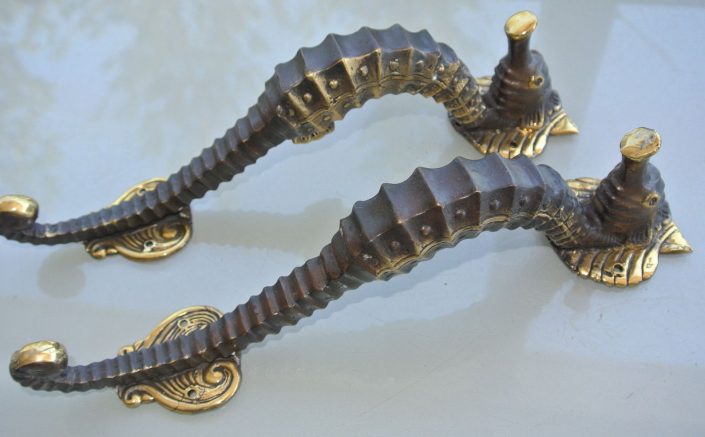 2 fine small SEAHORSE solid brass door old style house PULL handle 10"