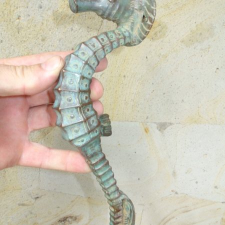 2 fine small SEAHORSE solid brass door old style house PULL handle 10" antique green