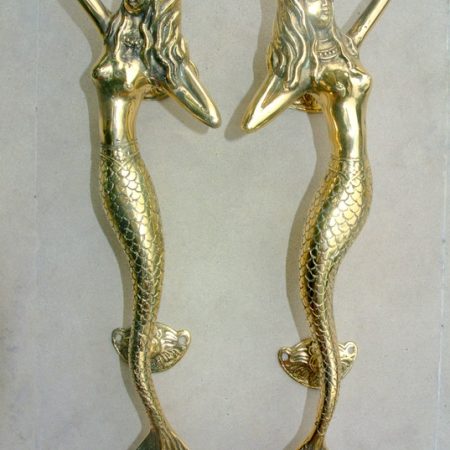 2 Skinny stunning 13 "inch MERMAID solid real brass (hollow) door PULL old style house handle 34 cm aged polished pair seaside gate grab