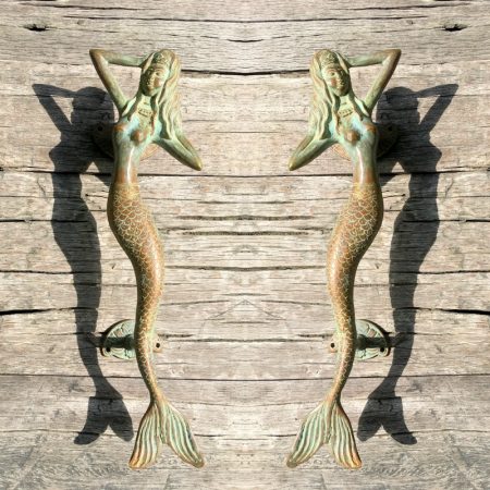 2 MERMAID door handle 13 " inch solid brass (hollow) door PULL old style house handle 34 cm beach aged antique seaside green pull gate pair