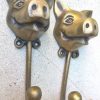 2 large PIG COAT HOOKS solid age brass old vintage old style 13 cm hook aged bronze look beach house wall hang Bronze patina