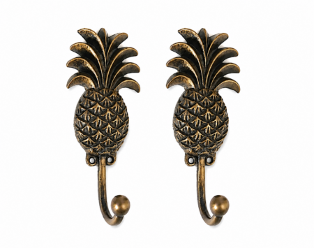 2 PINEAPPLE Shape COAT HOOKS Solid Heavy Cast Brass Antique Vintage Style 13cm Beach House Wall Hooks