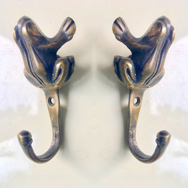 2 small frog HOOK 3  long aged solid real heavy BRASS old vintage