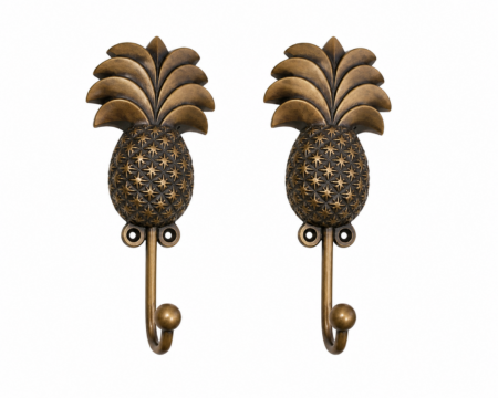 2 Large PINEAPPLE Coat Hooks Solid Brass Antique Vintage Style Beach House Wall Hooks 19cm
