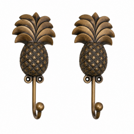 2 Large PINEAPPLE Coat Hooks Solid Brass Antique Vintage Style Beach House Wall Hooks 19cm