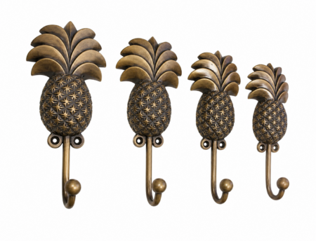 4 Large PINEAPPLE Coat Hooks Solid Brass Antique Vintage Style Beach House Wall Hooks 19cm