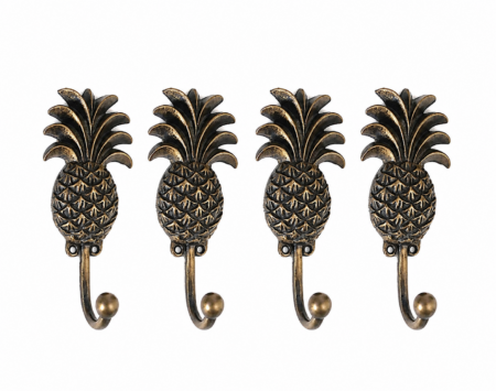 4 PINEAPPLE Shape COAT HOOKS Solid Heavy Cast Brass Antique Vintage Style 13cm Beach House Wall Hooks