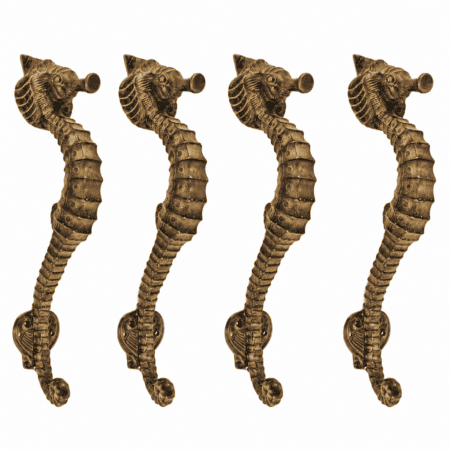 4 Small Seahorse Solid Brass Door Pull Handles – 10.12 Vintage Nautical Style