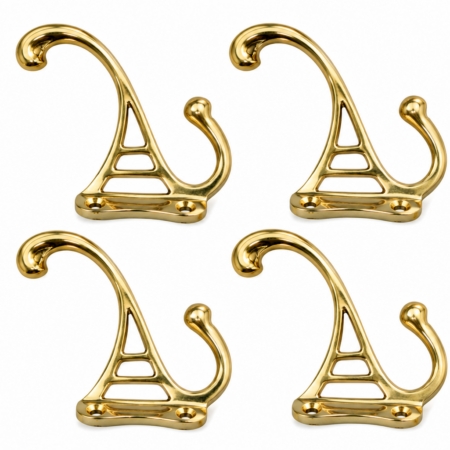 4 Solid Brass Coat Hooks – Watson 486 Style – 4 Deco Hall Stand Hooks – Heavy Vintage Brass Door & Furniture Hooks – Set of 4