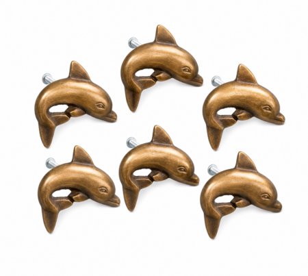 6 Small DOLPHIN Cabinet Door Knobs Solid Pure Brass Aged Antique Style Drawer Pull Handles 5cm Beach Bronze Patina
