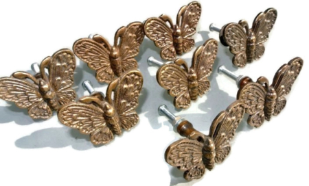 8 BUTTERFLY Shape Pulls Handles Antique Solid Brass Vintage Old Replacement Drawer Heavy Knobs