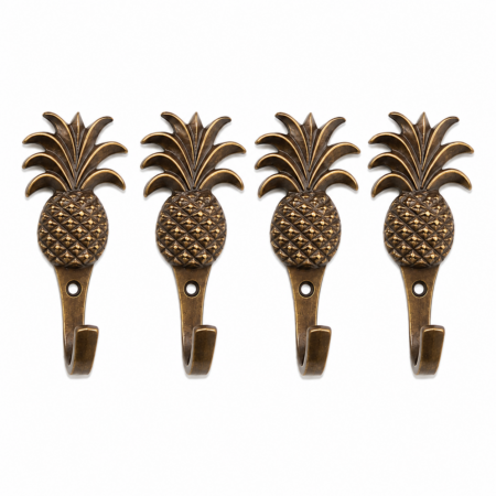 4 Small PINEAPPLE Brass Hooks – Solid Brass Wall Coat Hooks – Beach Style Vintage Pineapple Hangers – Set of 4