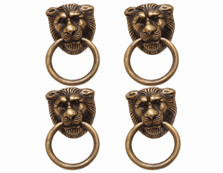 4 SMALL LION HEAD SOLID BRASS PULL HANDLES – HEAVY ANTIQUE VINTAGE CABINET FURNITURE PULLS