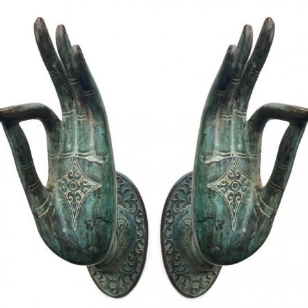 Pair BUDDHA DOOR handle solid brass old style hand fingers 25 cm antique seaside oxidised patina green brass hook amazing hollow wall fix