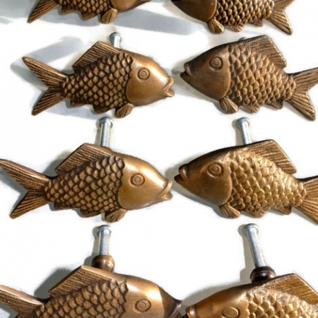 8 aged ANTIQUE old style FISH Cabinet Door solid pure Brass knob Drawer Pull 2" Bronze natural aged oxidized patina