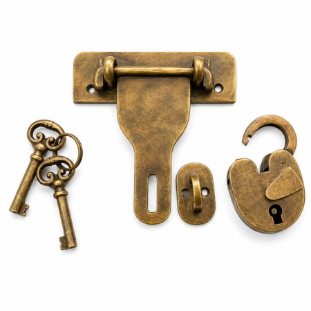 Large Solid Brass Hasp & Staple with Padlock and Skeleton Keys – Vintage Antique Style Door & Box Catch