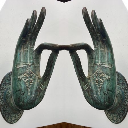 Pair BUDDHA DOOR 20 cm handle solid brass antique seaside beach patina oxided green old style hand fingers pull hooks fingers dewi hook