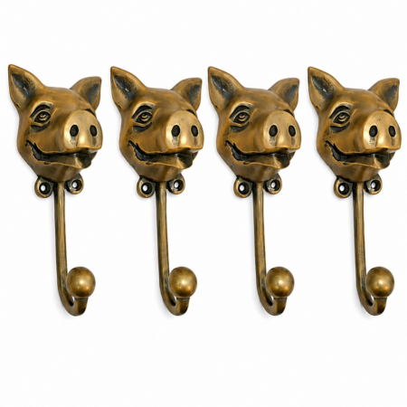 4 Large Pig Coat Hooks Solid Brass Vintage Antique Wall Hooks Pig Head Rustic Farmhouse Beach House Decor