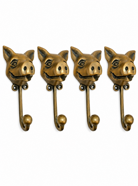 4 Large Pig Coat Hooks Solid Brass Vintage Antique Wall Hooks Pig Head Rustic Farmhouse Beach House Decor