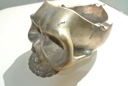 SKULL head ash tray solid pure BRASS SILVER PLATED vintage style collect 6" new day of the dead old patina hand made cast hollow day of the dead