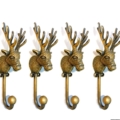 4 large STAG deer COAT HOOK solid brass antiques vintage old style 7" hook natural bronze aged patina heavy