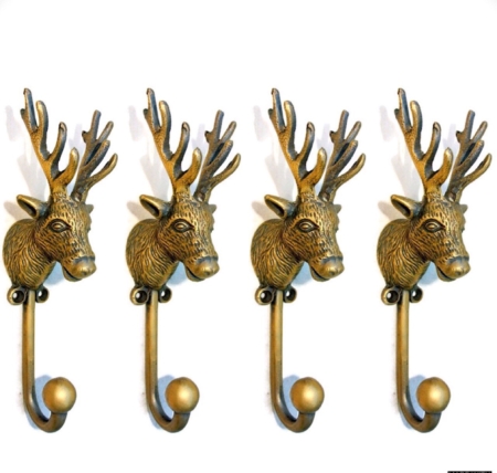 4 large STAG deer COAT HOOK solid brass antiques vintage old style 7" hook natural bronze aged patina heavy