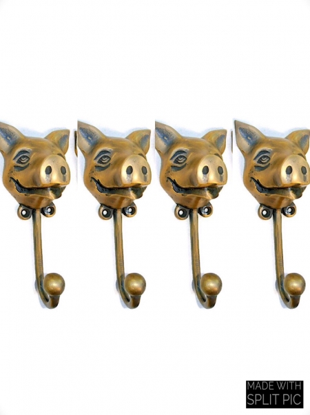 4 large PIG COAT HOOKS solid age brass old vintage old style 13 cm hook aged bronze look beach house wall hang B