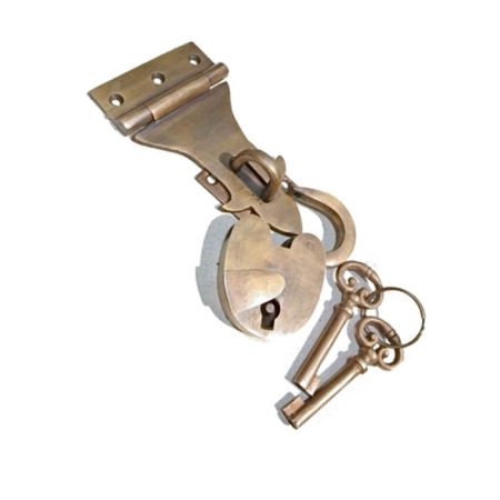 Vintage Style Solid Brass Hasp & Staple Lock Set with Padlock – Heavy Antique Box & Door Catch – Aged Patina Finish