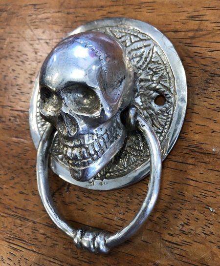 2 small round SKULL head SILVER plated over brass ring pull Handle BRASS 7.5 cm day of the dead hand cast hand made ring pull