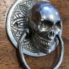 2 small round SKULL head SILVER plated over brass ring pull Handle BRASS 7.5 cm day of the dead hand cast hand made ring pull