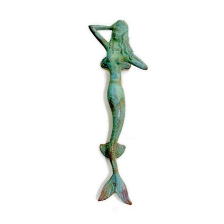 skinny MERMAID 35 cm solid brass door PULL old style heavy house PULL handle 13" aged green seaside patina